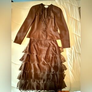 Elegant Brown Silk Ruffled Dress Set